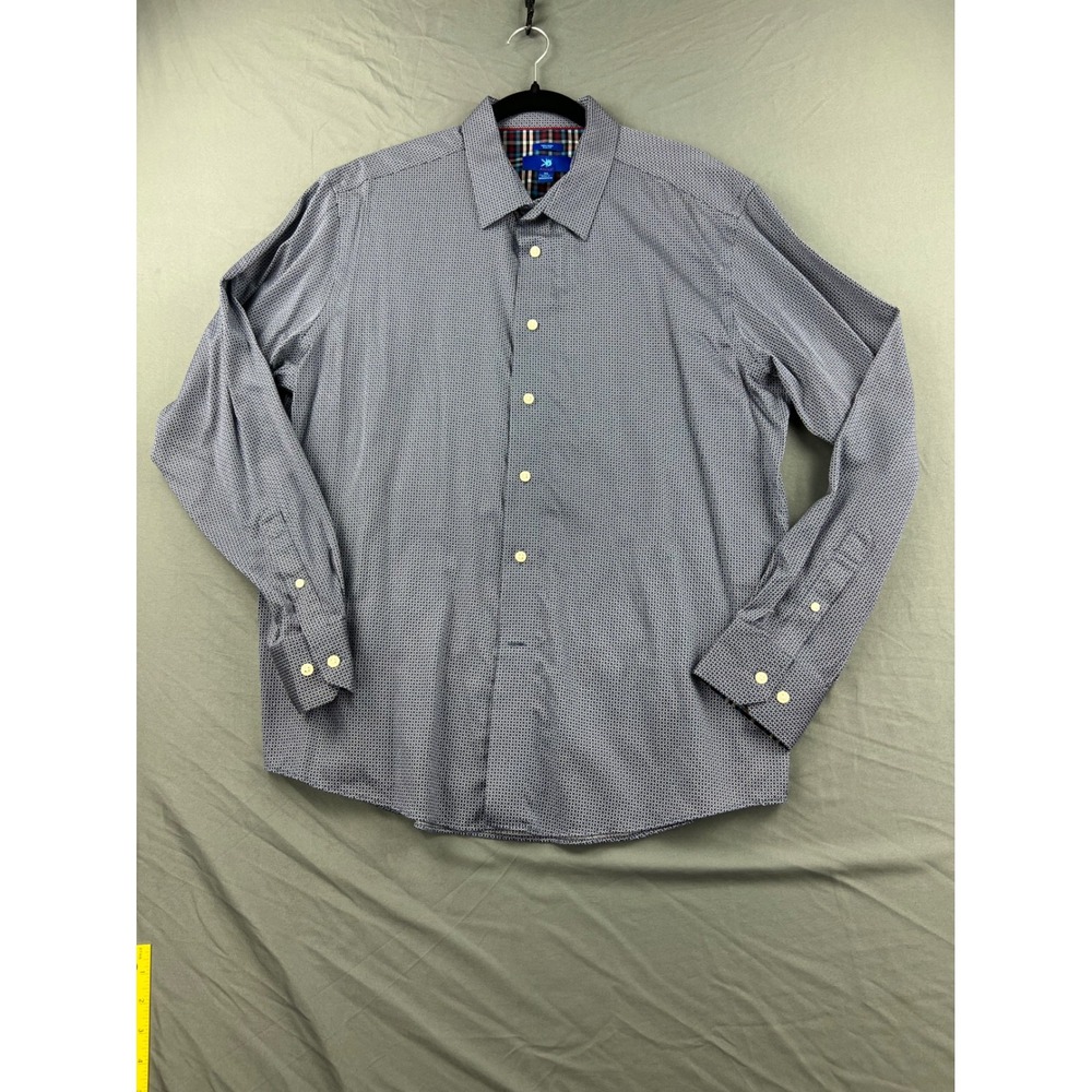 Egara Mens XL Slim Fit Non-Iron Stretch Button Down Shirt Navy Geometric Print
